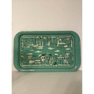 Aqua City Street Tray Metal Vintage Horse Carriage Parasols Approx 14" X 8.75"